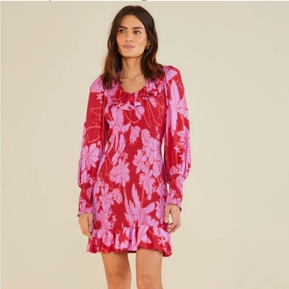 FARM RIO Living Nature Red Pink Smocked Long Sleeve Floral Mini Dress Ruffled - Picture 1 of 16